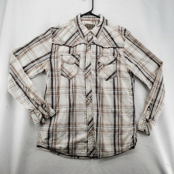 BKE Shirt Men's Long Sleeve Pearl Snap Up Striped Tan White Large*Western - Picture 2 of 12